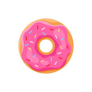 Tatlı tam donut, çilek kremalı donut halkası ve şeker parçacıkları vektör çizimi