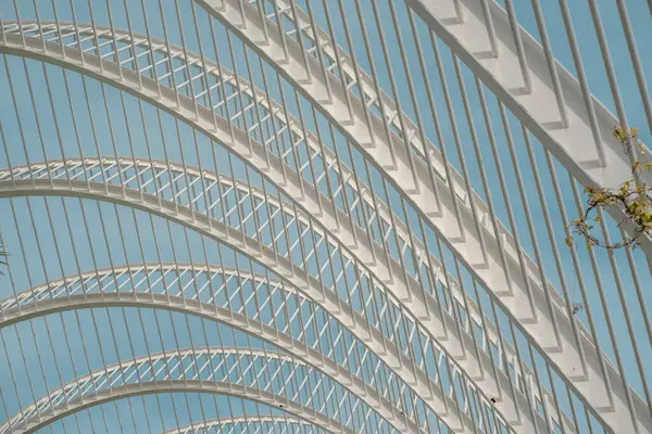 stock image Detailed view of modern lattice arches with geometric patterns against a blue sky. The design highlights innovative architectural elements and structural elegance.