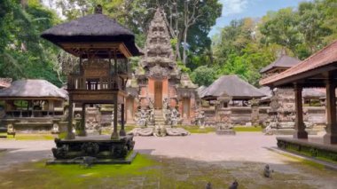 Yeşilliklerle çevrili geleneksel bir Bali tapınağının detaylı görüntüsü. Karmaşık mimari ve dingin ortam kültürel mirası vurguluyor.