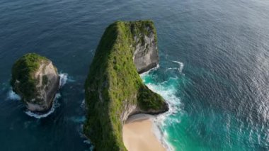 Bali, Nusa Penida 'da kumlu bir plajı ve yeşil bitkileri olan kayalık bir yarımadanın havadan görünüşü. Baş döndürücü Kelingking Sahili kayalıkları ve turkuaz suları pitoresk bir sahil çekilmesi sunuyor..