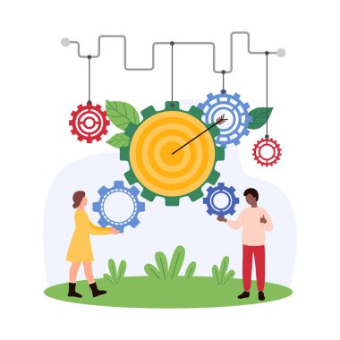 Proje başarısına ve işbirliği sürecine, etkili ortaklığa odaklan. İş amaçlı karikatür vektör ilülasyonuna ulaşmak için ortakların takım çalışmasını desteklemek amacıyla çalışma mekanizmasının dişlilerini tutan küçük insanlar