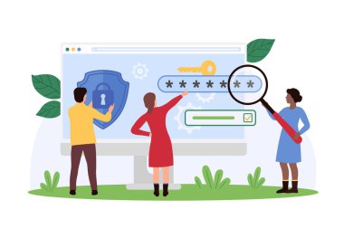 Çevrimiçi güvenlik, web sitesinin korunmasının güvenli analizi ve kişisel verilere erişim. Veri karikatürü vektör illüstrasyonunu korumak için büyüteç ve kalkan kontrollü küçük insanlar güvenli hesap şifresi