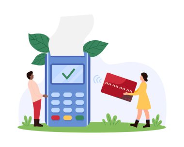 Temassız ödeme sistemi, online işlem. POS terminali ve kredi kartı tutan küçük insanlar satın almaları ve ödemeleri için, makine ekran çizgi film vektör ilüstrasyonunda kontrol işareti