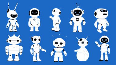Şirin robotlar, fütürist sohbet robotları seti. Farklı akıllı sohbet robotları anten ve mavi arka planda dostça jestler, karikatür yapay akıllı maskotlar vektör çizimi