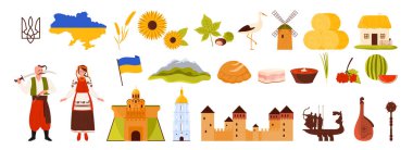 Ukrayna 'ya seyahat, miras simgesi ve ulusal kültür sembolü seti. Ukraynalı erkek ve kadın etnik kostümler ve çiçek çelengi, borç ve ülke haritası, bayrak vektör illüstrasyonu