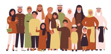 Nesillerdir bir arada olan büyük Arap ailesi. Mutlu modern Müslümanların, yetişkinlerin ve çocukların portresi, yaşlıların ve gençlerin selamlaması, tesettürdeki kadın karakterlerin karikatür çizimi.