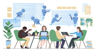 Yapay zekanın yardımıyla program kodu geliştirme, kodlama için yapay zeka araçları. Küçük programcılar dizüstü bilgisayarlar üzerinde çalışır, yazılım ya da mobil uygulama kodu geliştirir, robotlar çizgi film vektör illüstrasyonuna yardım eder