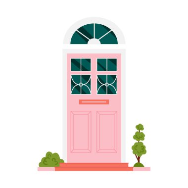 Konut evinin ön kapısı, pembe geleneksel sevimli kapı ve kemer vektör çizimi.