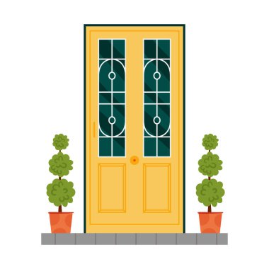 Pencerelerinde mozaik süslemesi olan sarı ön kapı, eşik vektör illüstrasyonunda saksıdaki ağaçlar