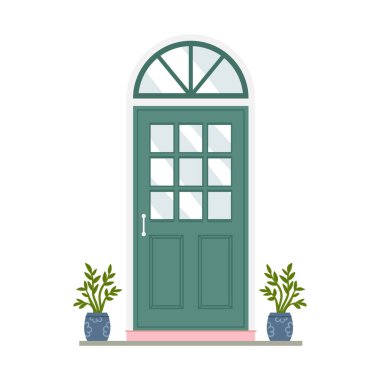 Kapı tokmağı ve pembe verandalı yeşil kemerli ön kapı, mimari dekorasyon vektör çizimi