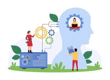 Yapay zeka kişisel optimizasyonu ve gelişimi. Küçük insanlar yapay zeka ve makine bağlantısı ile çalışır, işçi ve dizüstü bilgisayarlarla insan kafasının karikatür çizimi içinde çalışırlar.