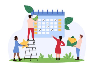 Zaman yönetimi, takvimdeki iş organizasyonu. Küçük insanlar takvim düzenleyicisinde tarih, randevu veya buluşma tarihini işaretler, hatırlatıcı çizgi film vektör illüstrasyonuyla tarihi kontrol edin