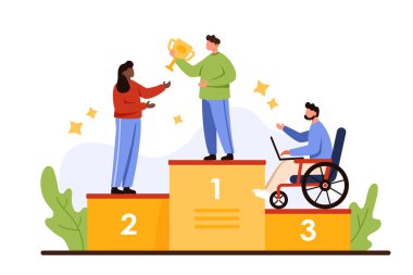 Discrimination, ableism, bias in society, social prejudice against office employee with disability. Tiny people standing on winners podium, woman in wheelchair in 3 place cartoon vector illustration clipart