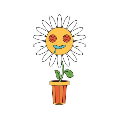 Serin papatya çiçeği karakteri, göz vektör illüstrasyonunda psikedelik girdap.