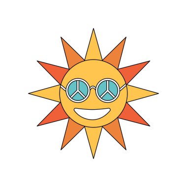 Güneş gözlüklü, hippi barış işareti ve gülümseme vektörü illüstrasyonlu harika bir güneş karakteri.