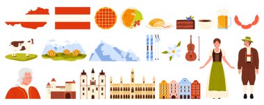 Avusturya seyahati ayarlandı. Ünlü mimari işaretleri ve dağ manzarası, geleneksel yiyecek ve bira, Avusturyalılar ulusal halk giysisi, bayrak ve Avusturya karikatür çizimi