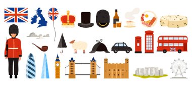 Büyük Britanya Krallığı 'na seyahat, Londra seti. Bayrak ve harita, telefon kulübesi ve muhafız, kraliçe tacı, viski karikatürü vektör çizimi içeren simgeler, yemek ve kültür sembolleri ve çıkartma koleksiyonu