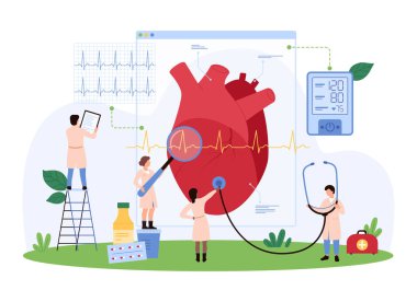 Teşhis, önleme ve tedavi için kardiyoloji kontrolü. Küçük insanlar kan basıncını sfinometreyle ölçer, kalp sağlığını izler, kalp atışını elektrokardiyogram vektör çizimi ile ölçer.