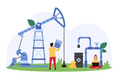 Petrol endüstrisi, petrol kuyusu, petrol kuyusu, enerji ve petrol üretimi. Küçük insanlar petrolün ham petrol çıkarımını kontrol ediyor, pompa delme ve boru hattı çizim çizimleri yapıyor.