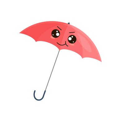 Komik gülüşlü sevimli kırmızı şemsiye karakteri, kawaii güneş şemsiyesi çizimi