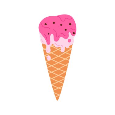 Çikolata parçalı erimiş çilekli dondurma, pembe katmanlı dondurma damlayan vektör çizimi.