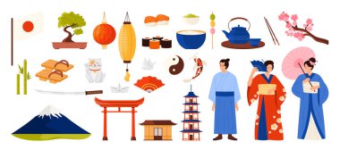 Japonya 'ya seyahat. Japon kültürü ve dekoratif semboller, tapınak ve tapınağın miras mimarisi, bonsai ağacı ve sakura, şanslı kedi ve geleneksel yemek karikatür koleksiyonu çizimi