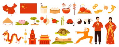 Çin seti, ülke sembolleri ve dekoratif amblemler, turistler için ünlü simgeler. Geleneksel giysili Çinliler, antik tapınak ve yiyecek, harita ve bayrak vektör çizimi