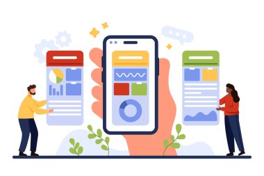 İş projesi yönetimi ve planlama, mobil uygulamada karmaşa görev kurulu. Ekranda Kanban görsel uygulama ile dev el ele tutuşan küçük insanlarla çalışmak için çizim vektör illüstrasyonu