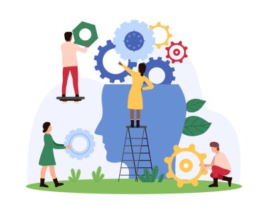 Mühendisler çarkları ve diğer mekanik bileşenleri kullanarak yenilikçi projeler üzerinde çalışıyorlar. Büyük baş silueti yaratıcı düşünme vektörü çizimini temsil eder.