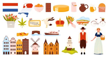 Hollanda seti, ünlü mimari simgeleri ve Hollanda 'nın ulusal kültür sembolleri. Hollandalı adam ve kız, yel değirmeni ve yiyecek, bayrak ve ülke haritası, bisiklet çizgi filmi vektör çizimi