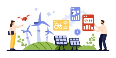 Tarımın otomasyonu, siber uzayda akıllı tarımsal ekipmanların kontrolü. Küçük insanlar traktör ve dron hasat sensörlerini, güneş panellerini, rüzgar türbini karikatür çizimi çizimini izliyorlar.