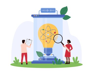 Bilim insanları araştırma yapıyor ve dev bir ampul, büyüteç ve pano içeren yenilikçi projeler üzerinde çalışıyorlar. Bilimsel keşif ve yaratıcılık vektörü illüstrasyonunu temsil eder.