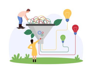 Büyük veri sıralama, filtreli görsel bilgi organizasyonu modeli. Küçük insanlar fikirlerin dijital karmaşasını huni kullanarak ve farklı ampullerle bağlantı kurarak sınıflandırırlar.