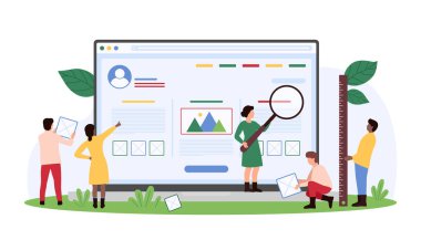 Web sitesi tasarımı ya da tasarım süreci, yaratıcı arayüz oluşturma. Küçük insanlar, düzenleyici vektör illüstrasyonunda web sayfası kablosu araştırmak ve oluşturmak için büyüteç ve cetvelle çalışırlar