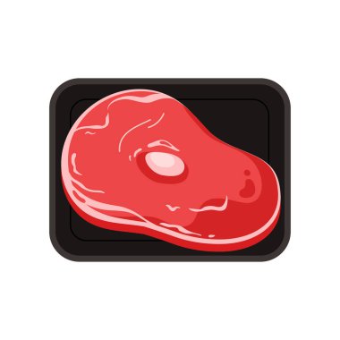 Biftek ile plastik tepsi, siyah dikdörtgen taşıyıcı illüstrasyonunun üst görüntüsü