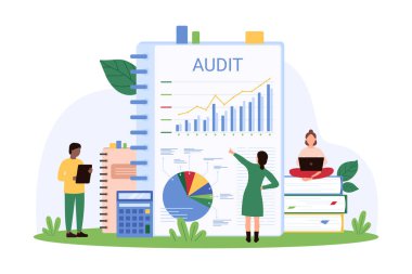 İş muhasebe raporu ve denetim, muhasebecilik ve danışmanlık tarafından yapılan araştırma. Küçük insanlar veri ve pasta grafiği üzerinde çalışıyor, belgelerle sonuçlanıyor, bütçe dengesi karikatür vektör çizimi üzerinde çalışıyor