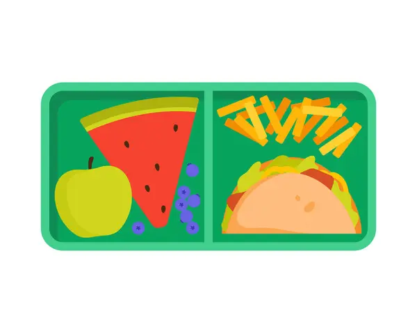 stock vector Green plastic tray with lunch food in compartments, top view of canteen plate vector illustration