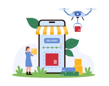 İHA teslimatı, mobil uygulama ile paket sevkiyatlarının izlenmesi. Ufacık bir kadın akıllı telefon ekranında teslimat zamanını kontrol ediyor. Uçan İHA 'lar müşteri karikatür vektör ilülasyonuna kutu getiriyor.