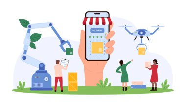 Lojistik ve kutu yükleme otomasyonu depoda, kurye kontrolü mobil uygulama ile. Paket teslimatını kontrol etmek için akıllı telefonu tutan dev el, karikatür vektör ilülasyonu dağıtımı yapan İHA.