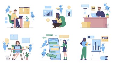 İş ve eğitim alanında yapay zeka asistanı desteği. Akıllı robotlar sohbet konuşmalarında, yapay zekanın iş akışı karikatür vektör ilülasyonuna otomasyon entegrasyonunda insanlara yardım eder.