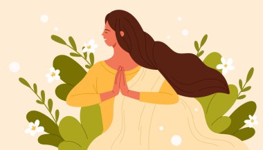 Çiçekleri ve yeşil yaprakları olan geleneksel sarili Hintli genç bir kadın. Uzun saçlı mutlu kızın şirin portresi, namaste katlanmış eller, leydinin güzelliği ve doğa çizgi film çizimi.