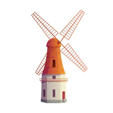 Eski yel değirmeni kulesi çatıda ahşap vanalar ve pencere vektör çizimi