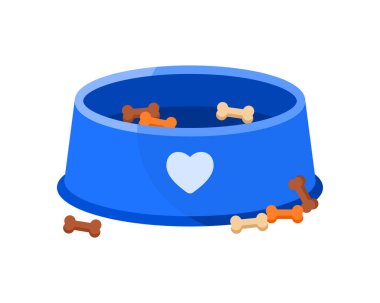 Kuru gıda kemikleri plastik kaseden kaybolurken köpek yer, plaka vektör illüstrasyonunun yanında dağınık parçalar