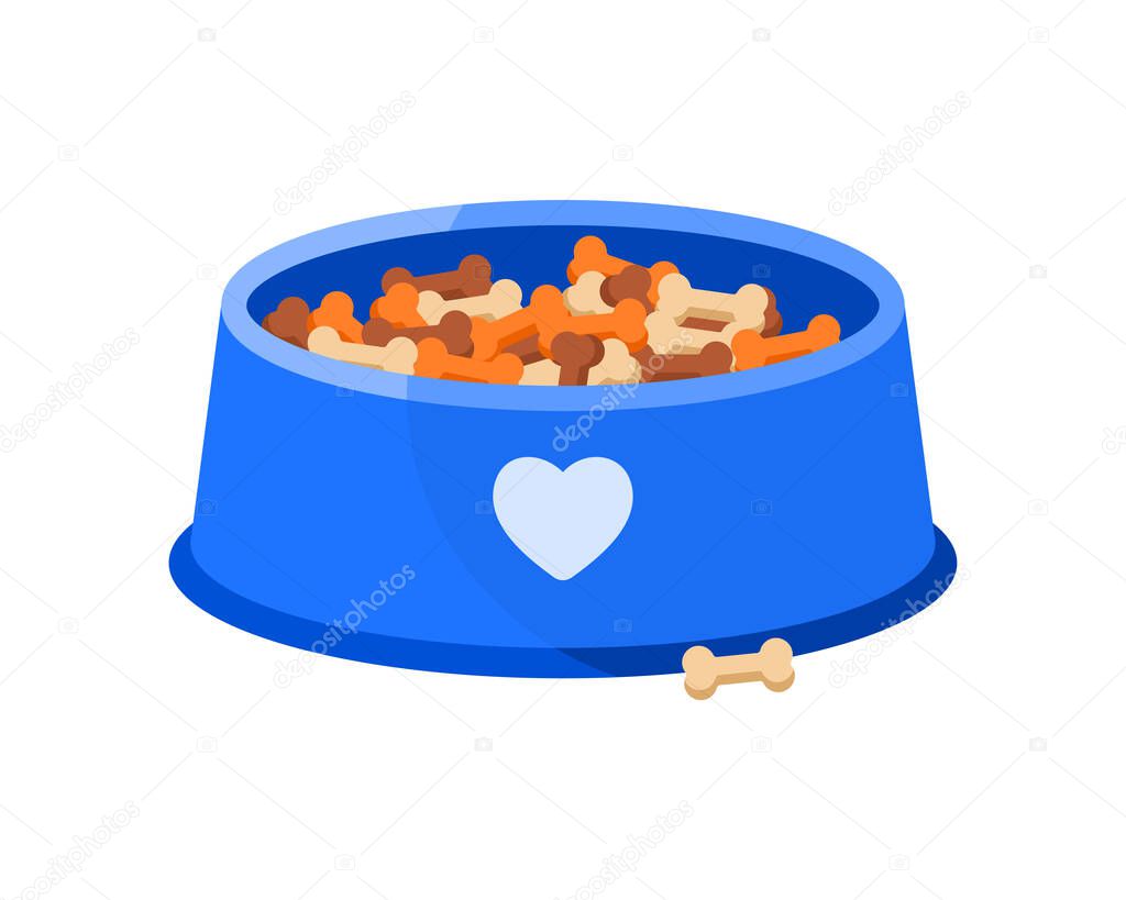 Blue plastic bowl with dry food for dog, crispy bones pile inside plate vector illustration