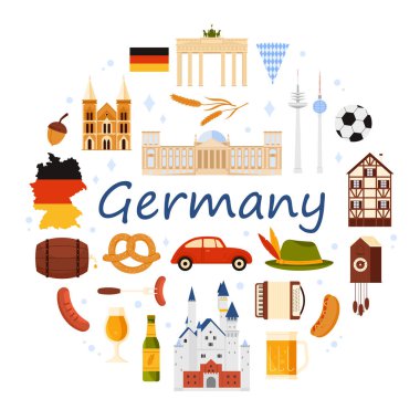 Alman kültür unsurları ve Almanya 'nın simgeleri, Oktoberfest elementleri, yuvarlak bilgi pankartıyla yiyecekler. Sosis ve bira, mimari ve anıtlar başlık vektör illüstrasyonuyla daire içinde.