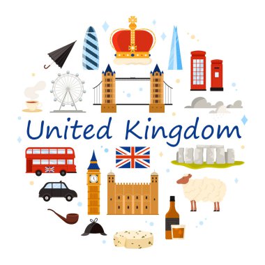 Büyük Britanya Krallığı 'na ve Londra' ya seyahat edin. Kültür elementleri ve mimari anıtlar, Big Ben Kulesi ve Stonehenge, İngiliz yiyecek ve içeceği daire çizimi vektör çizimi