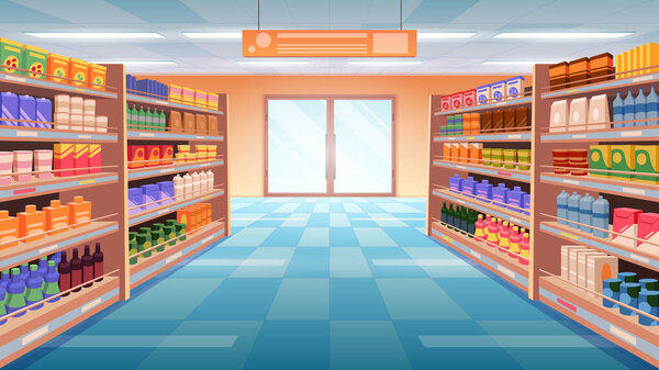 Cartoon vector illustration of modern supermarket perspective view interior with fully stocked shelves, showcasing various products and organized aisles. Represents retail shopping and consumer goods