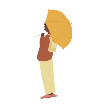 Sırt çantalı öğrenci ayakta ve elinde sarı şemsiye, dikiz vektörü çizimi
