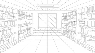 Düzenli rafları ve temiz koridorları olan, modern boş süpermarket iç mekanının perspektif çiziminin vektör çizimi. Ticari ortamlarda perakende alanı, alışverişi veya depolama planını temsil eder.