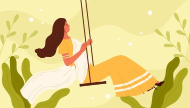 Indian young woman in traditional dress riding swing among green village landscape with plant leaves. Happy portrait of pretty girl with long hair smiling and swinging cartoon vector illustration clipart